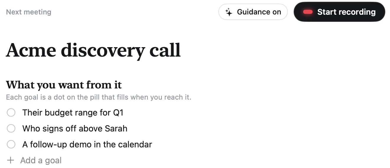 Aside’s next-meeting page for the Acme discovery call, with Guidance on, a Start recording button and three goals.