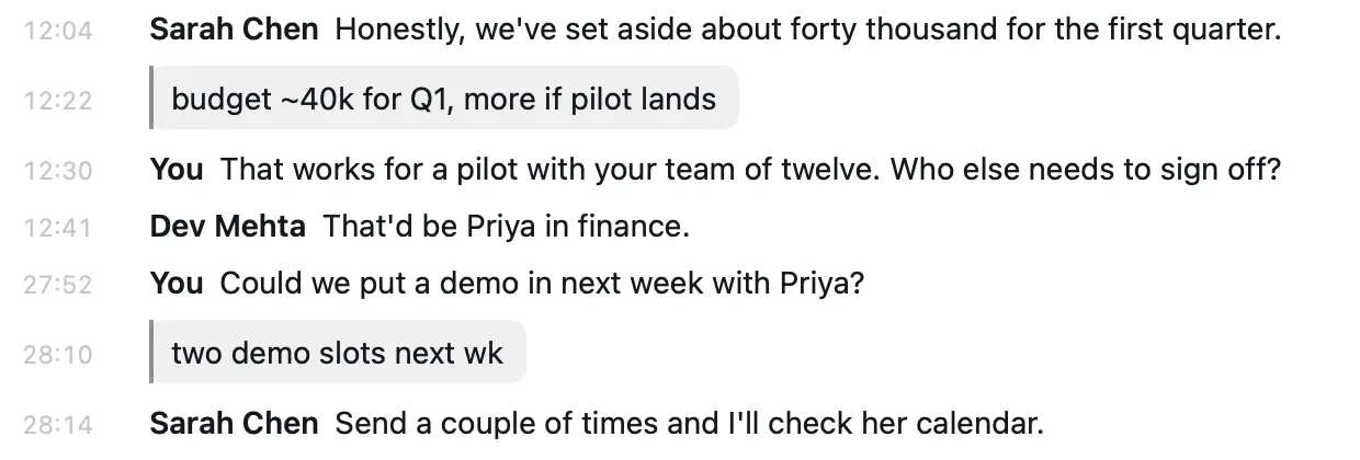 A transcript in Aside, with the note “budget ~40k for Q1, more if pilot lands” placed between the lines at 12:22.